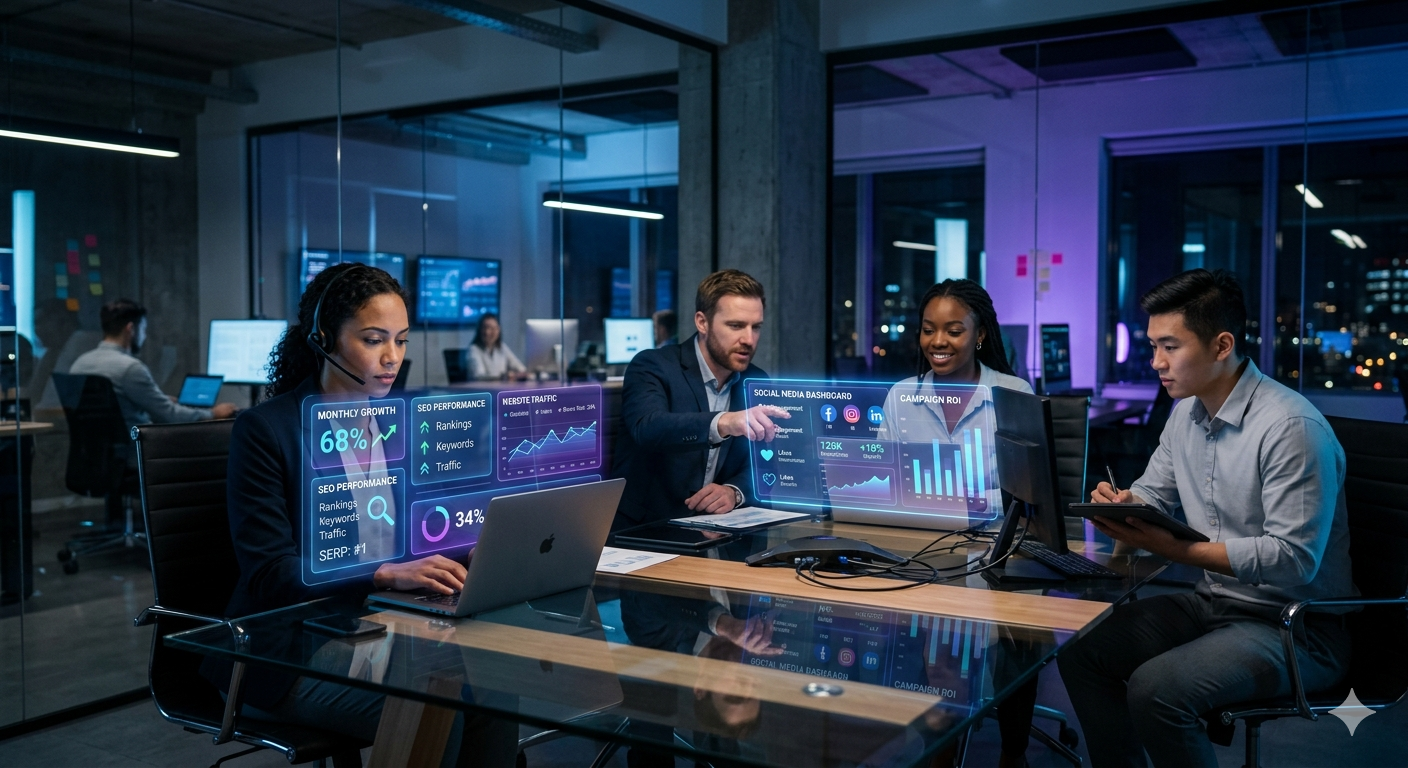 "Digital marketing team reviewing SEO analytics in a modern office."